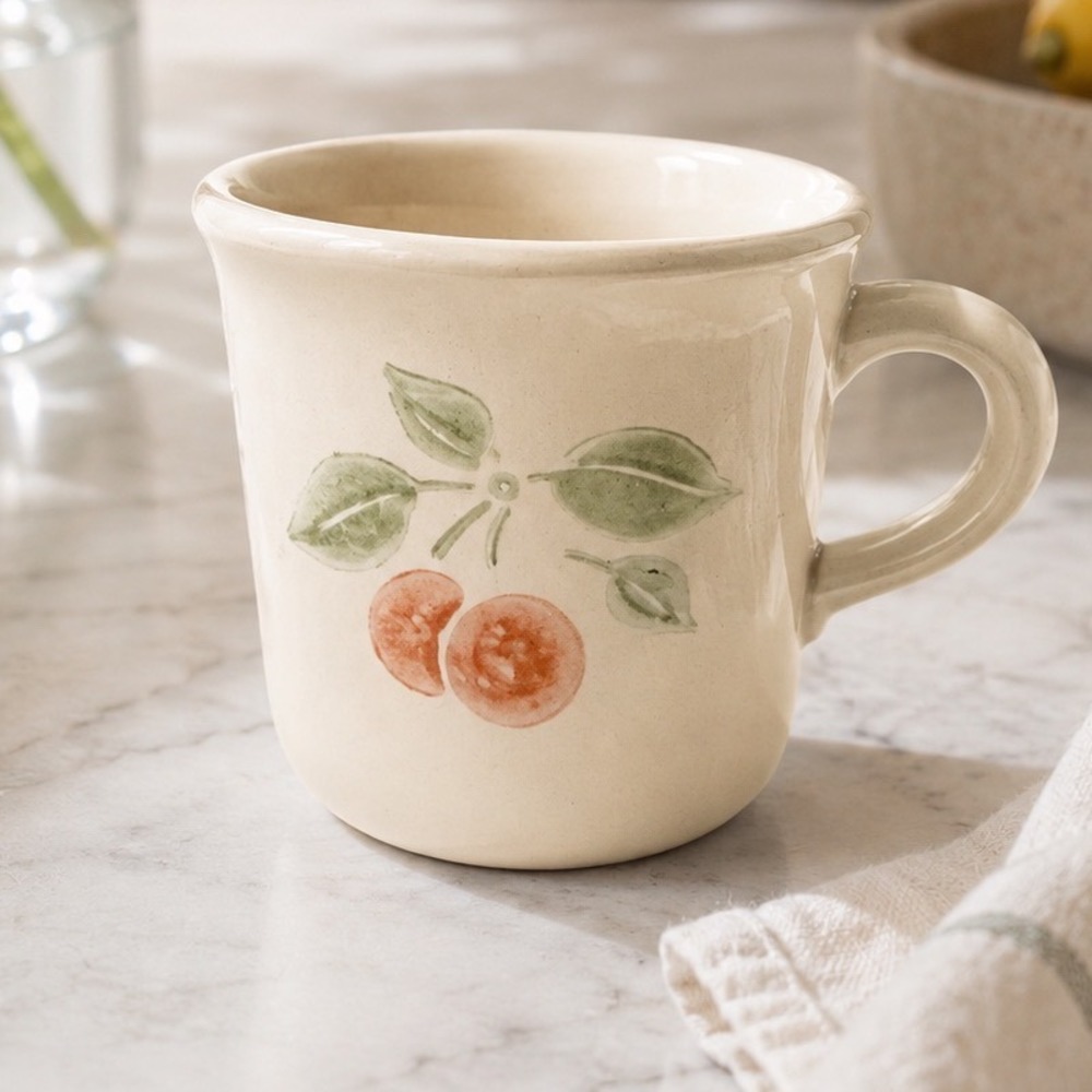 Pfaltzgraff Garden Grove Stoneware Coffee Mugs‎ Set of 2 Pastel Peach Fruit